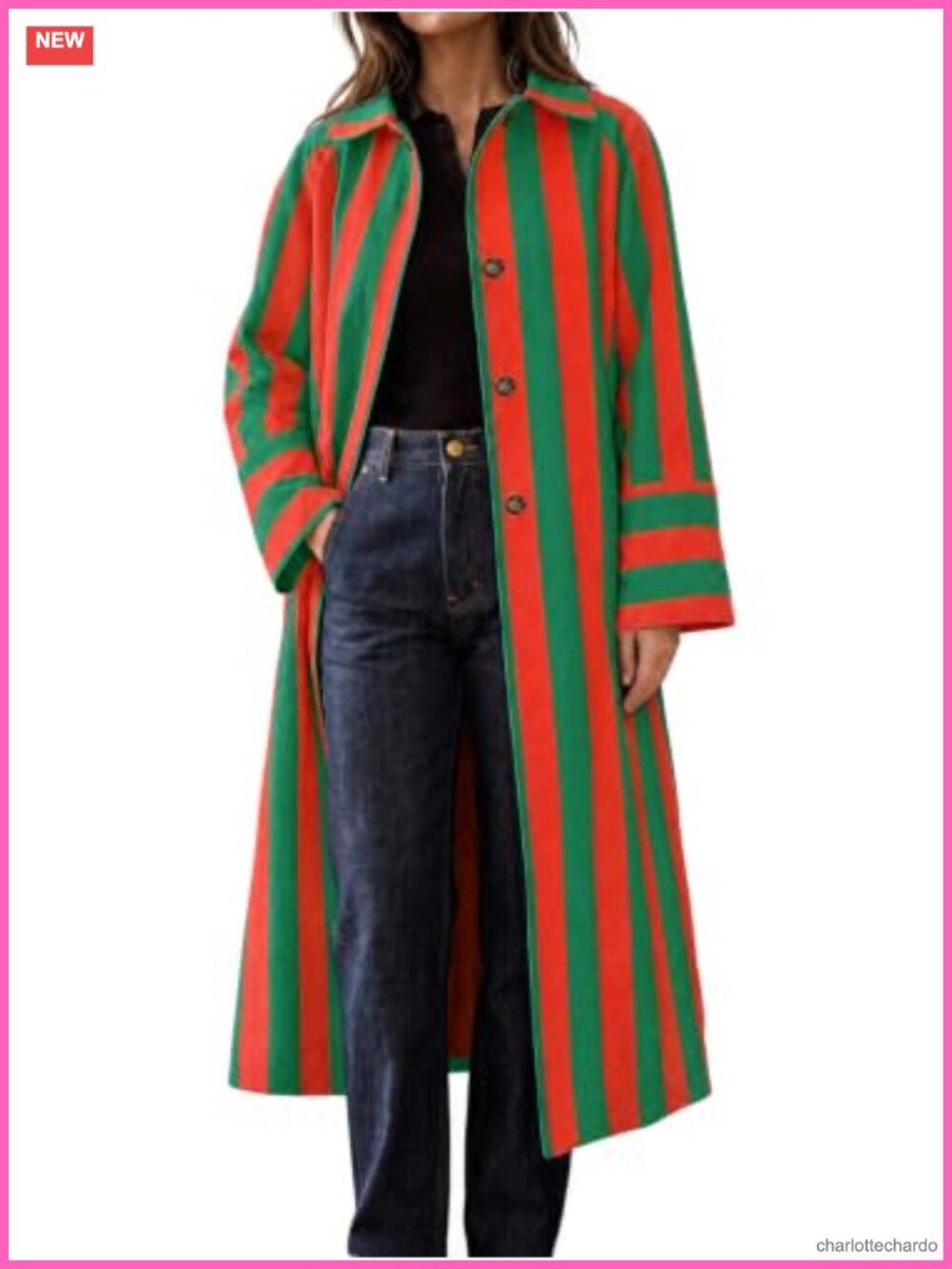 Striped Color Block Long Trench Coat Oversized Button Front Fall Jacket